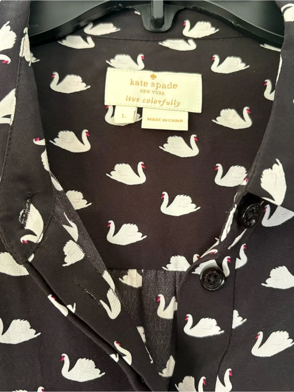Kate Spade New York Black Swan Print Long Sleeve Button Up Blouse Size L
